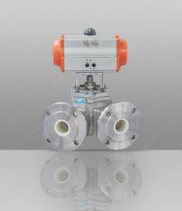 Pneumatic three-way flanged ball valve